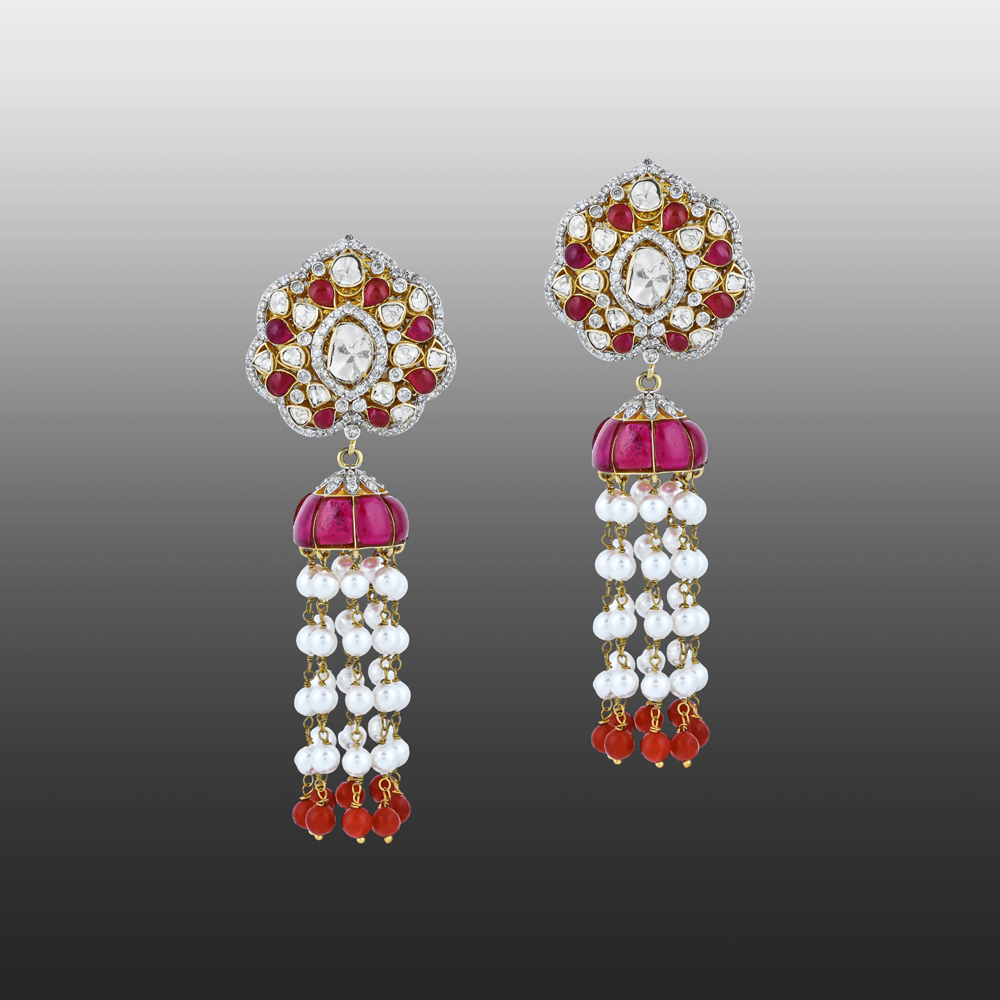Floral Polki Earrings with Red Talaf, Pearls, and Red Beads